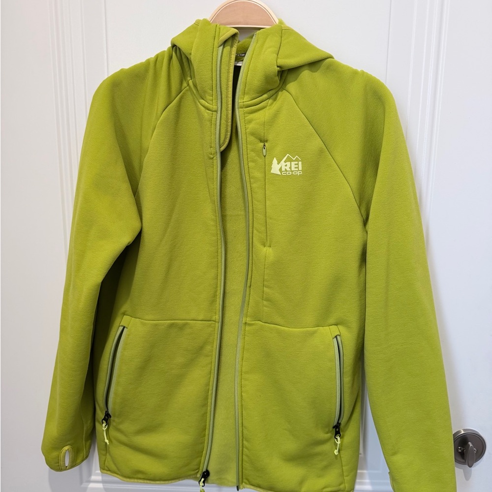 REI Lime Green Full Zip Mens Small Fleece Hooded Jacket